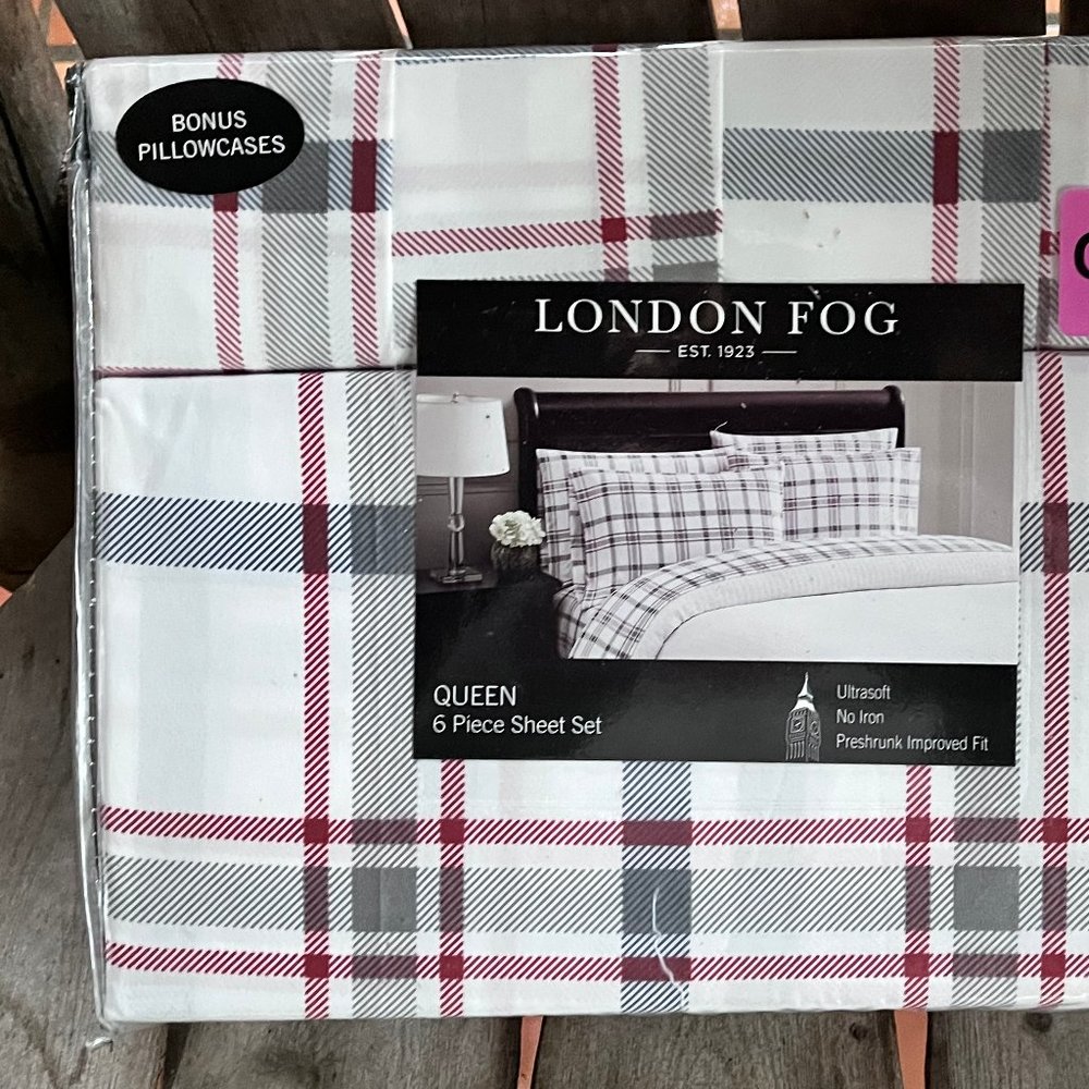 6-pc London Fog QUEEN SIZE Sheet Set - RED GRAY Plaid - Easy Care